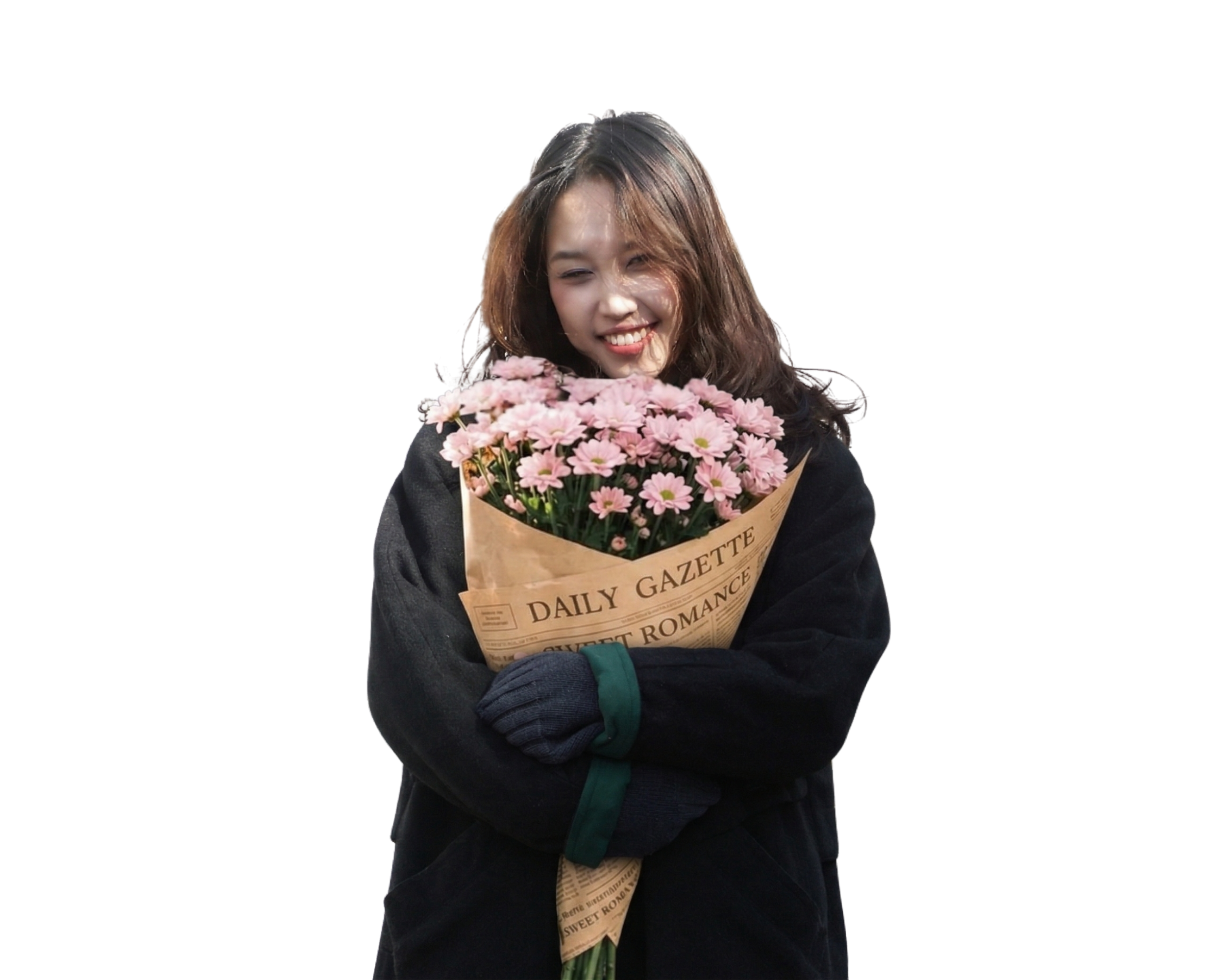 Ta Giang — creative technologist and global trade professional, holding a bouquet of pink flowers wrapped in newspaper